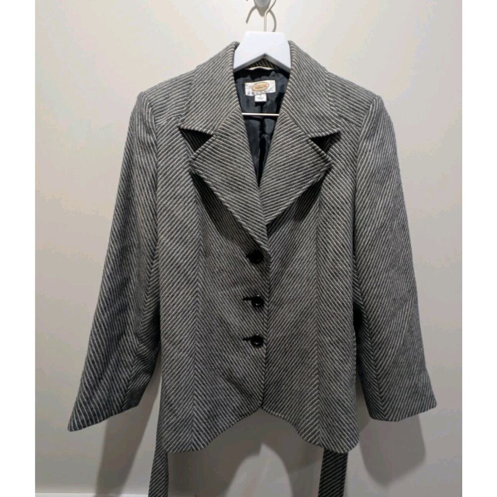 Talbots Petite Blazer 10 Gray 100% Wool Herringbone Jacket Japan Classic Belt - Picture 5 of 16